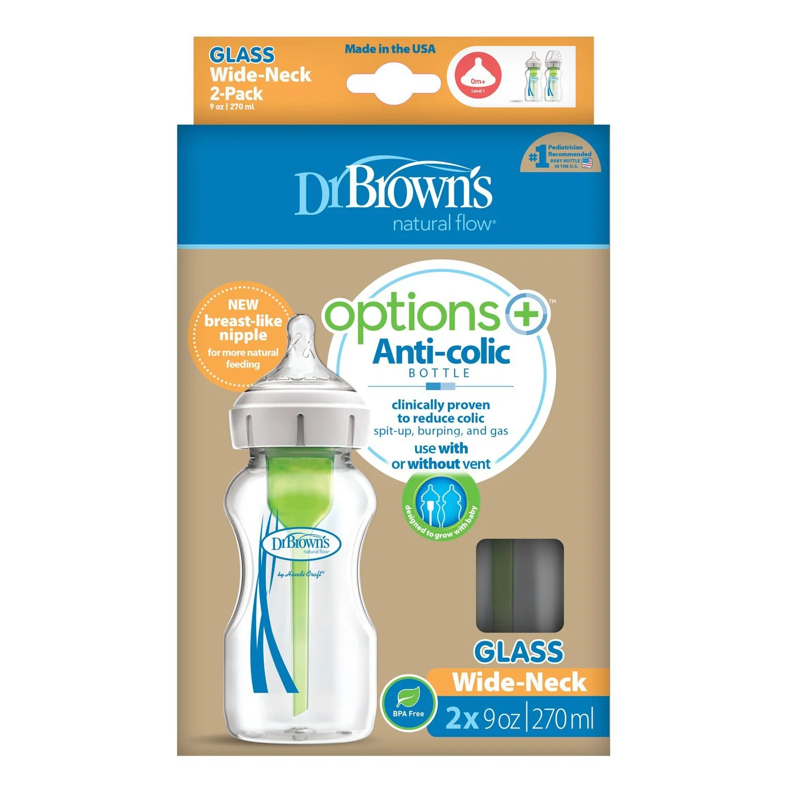 Dr. Brown's - Options+ Anti-Colic Wide-Neck Glass Bottles - 2pk/9oz - Image 2