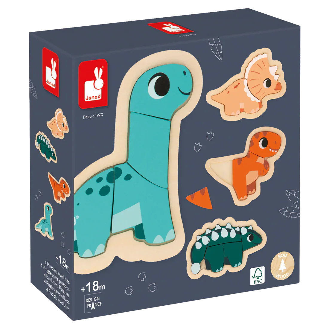 Janod - Dino: 4 Progressive Difficulty Puzzle (2-3-4-5pcs)