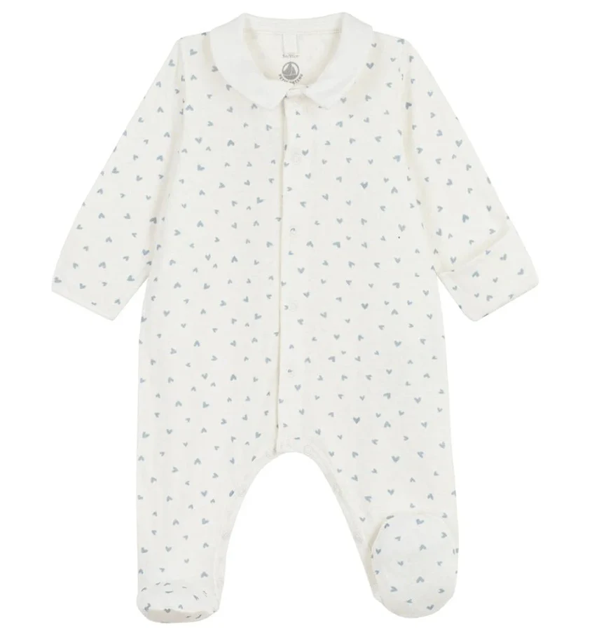 Petit Bateau - Baby Collared Snap Footie - Blue Heart Print