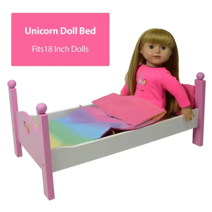 The New York Doll Collection - Wooden Doll Bed Set - Rainbow Unicorn - Image 2